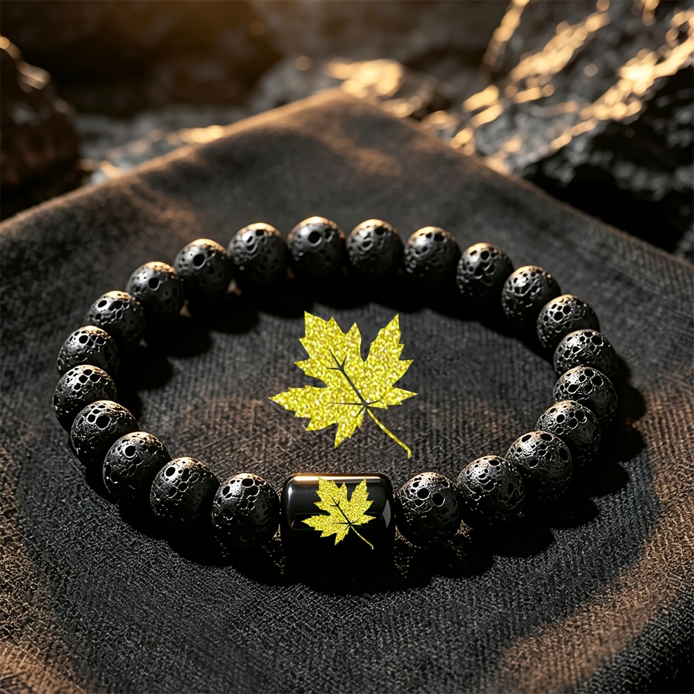 Women's Natural Stone Beaded Bracelet with Golden Leaf Accent
